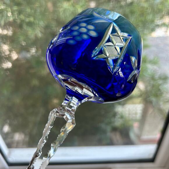 Vintage Bohemian / Czech Cobalt Blue Cut-to-Clear Crystal Wine Hock Goblet - Picture 8 of 11